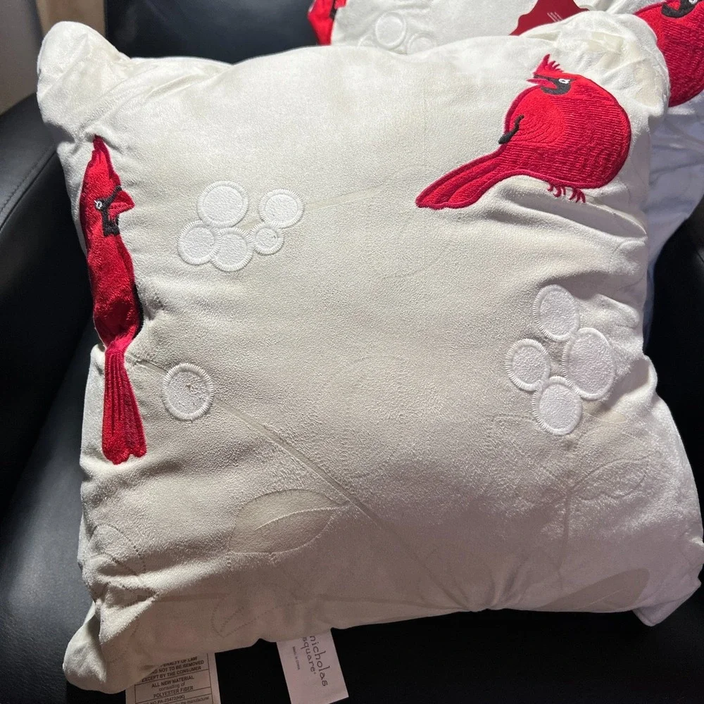 2 St. Nicholas Ivory Throw Pillows 14x14 Red Cardinals Christmas‎ Winter Decor